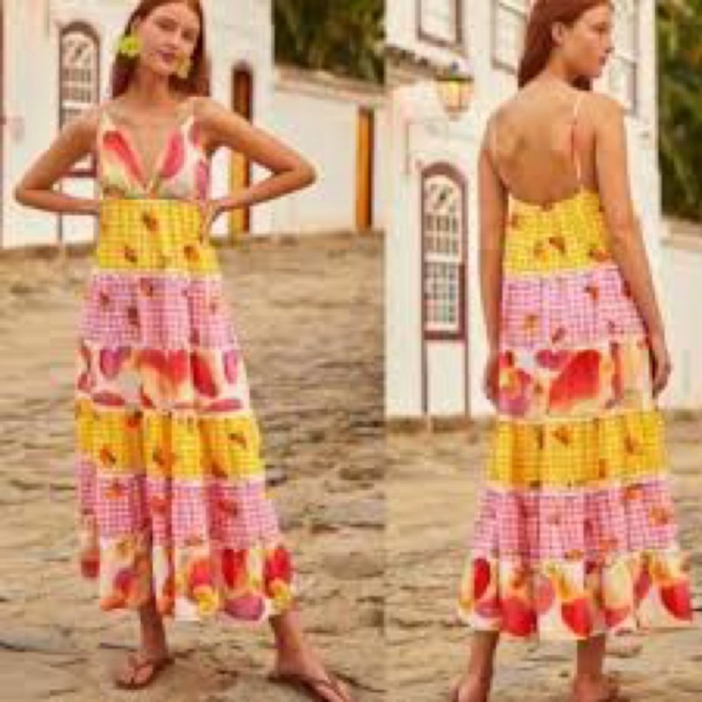 Farm Rio Mixed Picnic Cashew Maxi Dress Sz XL